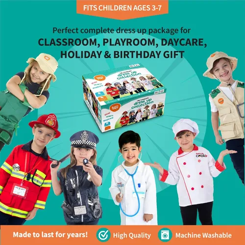Vista 6 de Born Toys Disfraces 6 en 1 para niños y niñas disfraz para niños y niñas juego de simulación para policía bombero médico chef jardinero y explorador