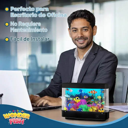 Vista 5 de Pecera Artificial de Juguete Océano Virtual - Mini Acuario de Escritorio de Oficina, Lámpara de Movimiento con Luz Nocturna, Regalo Divertido