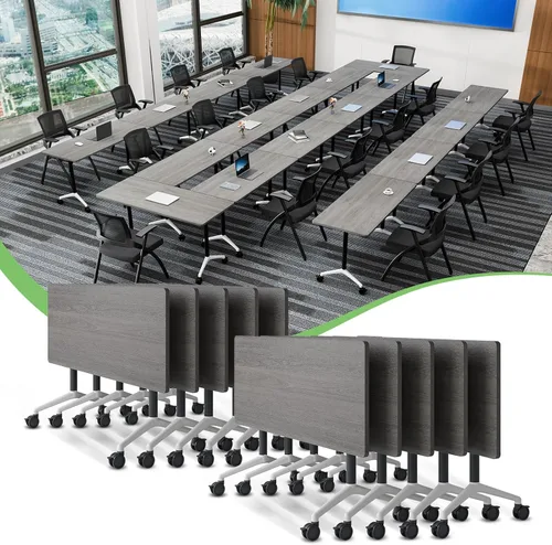 Vista 48 de Mesa de conferencias plegable con ruedas, mesa modular para sala de conferencias con 2 ojales para cables, mesas móviles de sala de reuniones