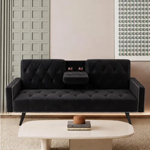 Vista 10 de Sofá Cama Futón de Terciopelo Moderno 2 en 1, Sofá Cama Plegable Convertible con 2 Almohadas, Loveseat Reclinable Acolchado de 63" con Patas de Beige