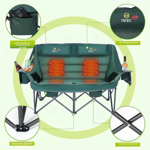 Vista 7 de Nice C - Silla de camping doble de gran tamaño con calefacción y batería (verde) Sofá biplaza acolchado de gran tamaño, sofá de camping plegable