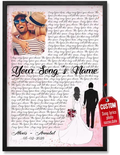Vista 24 de H-DEWALL póster personalizable con letra de tu canción favorita y foto, lienzo inspirador con marco, arte de pared, regalo romántico para mujer