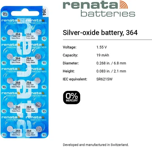 Vista 2 de Baterías de reloj Renata #364 10Pcs