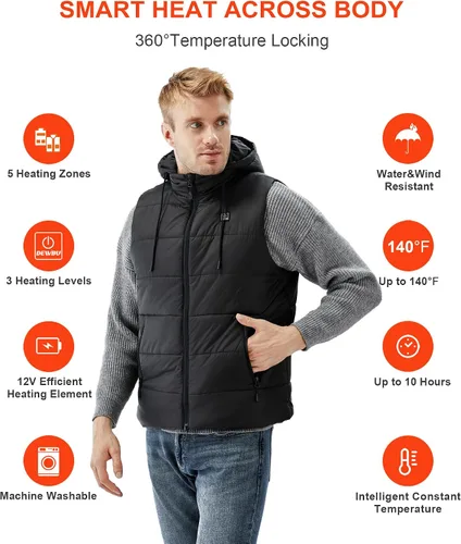 Vista 3 de DEWBU Chaleco calefactado con batería de 12 V, múltiples métodos de fuente de alimentación, ropa térmica ligera con capucha desmontable