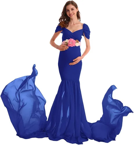 Vista 2 de AYMENII Vestido de maternidad de gasa con hombros descubiertos y tren largo, vestido de fotografía para boda, fiesta, fotos, vestido de baby shower
