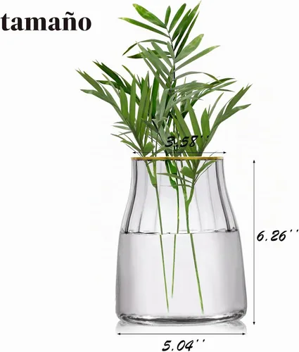 Vista 2 de VanEnjoy Florero de cristal gris simple transparente de 7 pulgadas, jarrón decorativo con borde dorado, decoración del hogar para centro de mesa