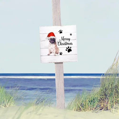 Vista 4 de Letrero de madera para perro con sombrero rojo, placa de pared rústica con reglas para mascotas, arte de pared colgante de granja, placa