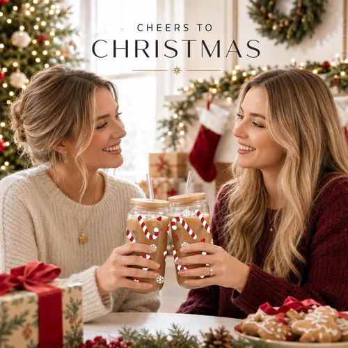 Vista 6 de JEKUGOT Vasos de Navidad para mujeres, vasos de vidrio de 16 onzas con tapa Estilo B