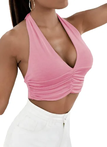 Vista 3 de Camiseta LYANER para mujer, con cuello en V ancho, estilo halter, con espalda al aire y sin mangas