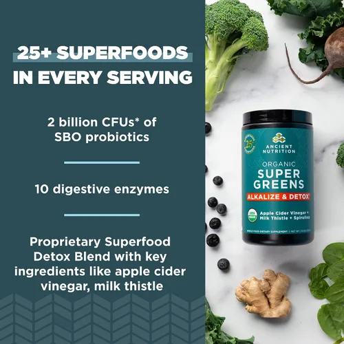 Vista 3 de Ancient Nutrition Supergreens Alkalize & Detox - Polvo de superalimento orgánico hecho de frutas reales, verduras y hierbas, para apoyo digestivo