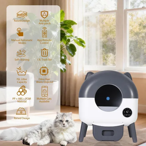 Vista 4 de Caja de arena autolimpiante para gatos con gran capacidad y limpieza automática, caja de arena automática con control de aplicación, triple