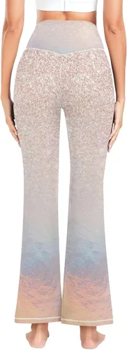 Vista 3 de Pantalones de trabajo de yoga con purpurina dorada rosa para mujer, pantalones elásticos para mujer, leggings acampanados