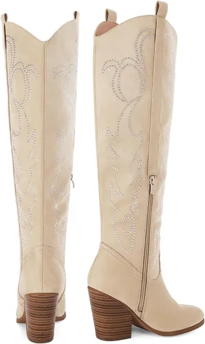 Vista 6 de Botas vaqueras para mujer, hasta la rodilla, botas vaqueras bordadas con punta puntiaguda y tacón grueso, botas vaqueras para otoño, invierno
