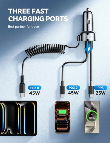 Vista 3 de Cargador de Coche USB C 90W para iPhone 17/16 Pro Max, PD & QC3.0 con Cable Enrollado de 45W de 5 pies, Adaptador de Carga Rápida para Coche