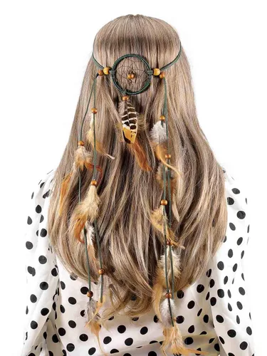 Vista 6 de Gangel Dreamcatcher - Diadema de plumas bohemias con plumas blancas y marrones con borla de plumas blancas y marrones cuerda de cáñamo carnaval