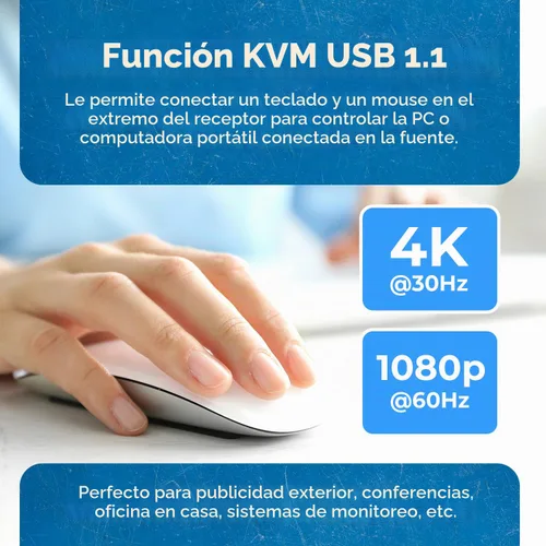 Vista 6 de OREI KVM - Extensor HDMI 4K Balun sobre cable Ethernet CAT6/7 4K, 30Hz hasta 130 pies, 2 puertos USB 1.1, compatible con teclado y mouse Ethernet