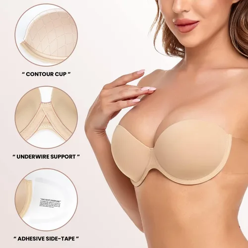Vista 3 de Autbre Sujetador sin tirantes para mujer de busto grande, con aros, de silicona, invisible, con varillas
