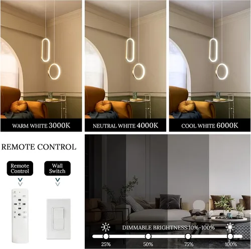 Vista 2 de Lámpara colgante LED moderna dorada mini con control remoto, 2 anillos, 24W, temperatura de color de 3 pasos, intensidad ajustable sin escalones