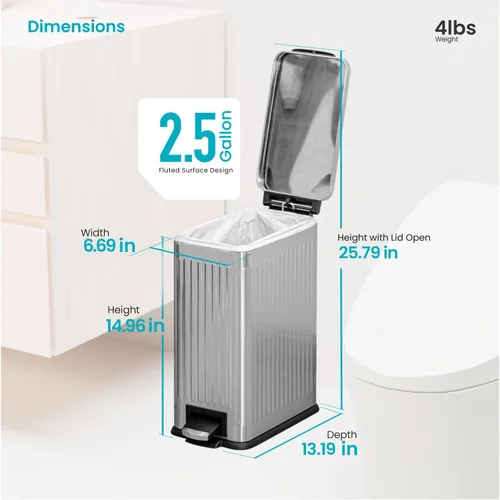Vista 7 de Home Zone Living - Cubo de basura pequeño de 3 galones con tapa y pedal para pisar, de acero inoxidable con diseño estriado delgado para el hogar