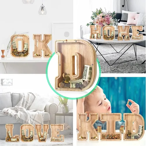 Vista 3 de callie Alcancía con inicial personalizada, regalo para niños, banco inicial con letras del alfabeto, banco interactivo de madera para ahorrar dinero