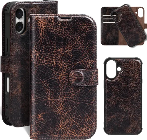 Vista 44 de Funda de cuero compatible con iPhone 16 Pro Max Cartera 6.9", cuero genuino 2 en 1, magnética, desmontable, a prueba de golpes, funda tipo folio