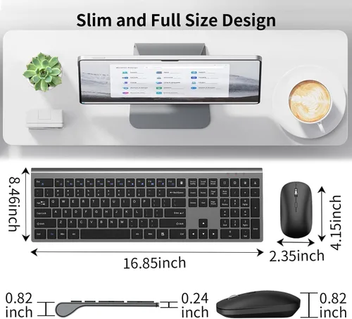 Vista 4 de Teclado y mouse inalámbricos, teclado de computadora plano delgado de tamaño completo y mouse óptico silencioso de 2400 DPI con dongle de 2.4 GHz