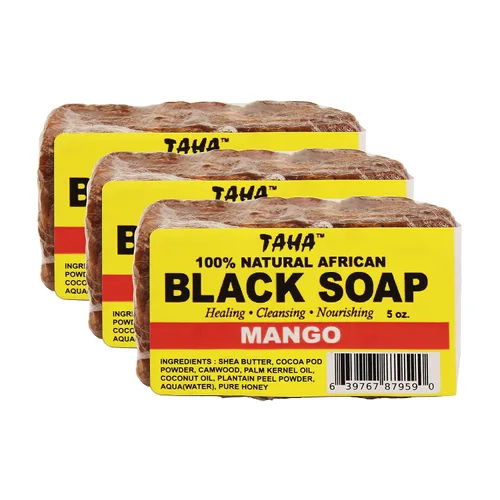 Vista 5 de Taha Barra de jabón negra africana, orgánica y 100% natural, calmante e hidratante, limpieza saludable, ideal para manchas, acné, cuero cabelludo