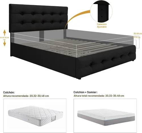 Vista 5 de TTVIEW Base de cama de tamaño completo con 4 cajones de almacenamiento y cabecera ajustable, cama plataforma tapizada con diseño de botones