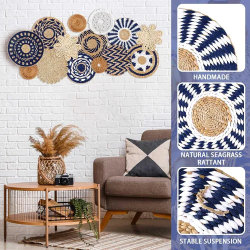 Vista 4 de Xuhal 15 piezas de decoración de cesta de pared estilo bohemio, cestas de pared tejidas de algas marinas artesanales, cestas de pared rústicas