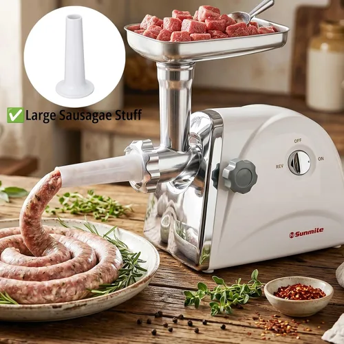 Vista 5 de Sunmile SM-G31 picadora de carne eléctrica y fábrica de salchichas 1HP 800W máximo, aprobado por ETL, hojas de corte de acero inoxidable, 3 placas