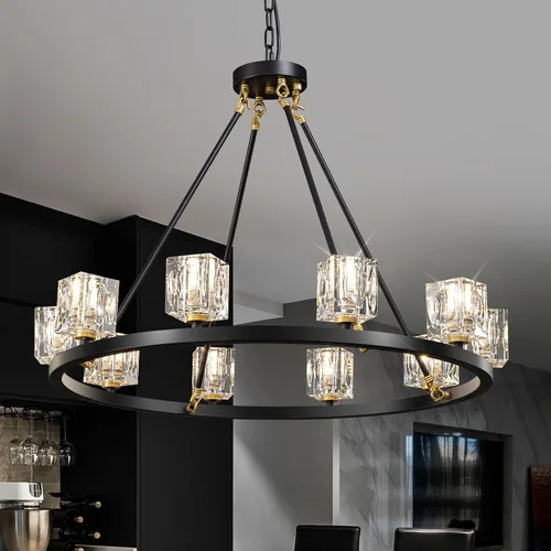 Vista 13 de Candelabro de Cristal Negro, Lámparas de Araña Sputnik con 12 Luces, Lámpara de Techo Moderna Ajustable en Altura Semiempotrada para Comedor, Isla