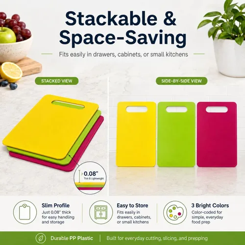 Vista 6 de Juego de 3 tablas de cortar de plástico pequeñas, tablas de cortar frutas compactas con mango de fácil agarre, tablas de cortar flexibles de 3P