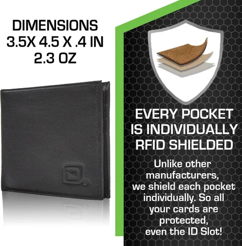 Vista 3 de Cartera RFID de cuero genuino plegable con 6 ranuras - Carteras protectoras para hombre, Negro