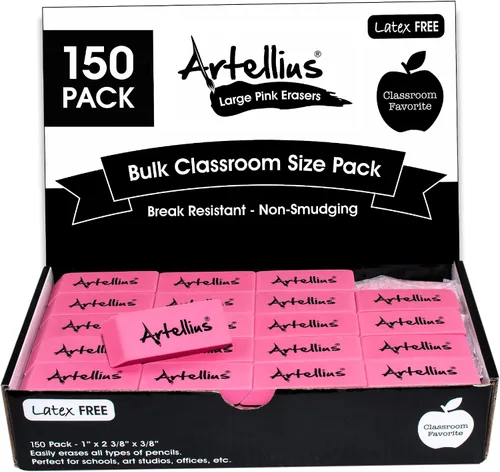 Vista 10 de Artellius Borradores rosados Sin látex ni manchas Suministros escolares a granel Aulas, profesores, escuela en casa, oficina, clase de arte