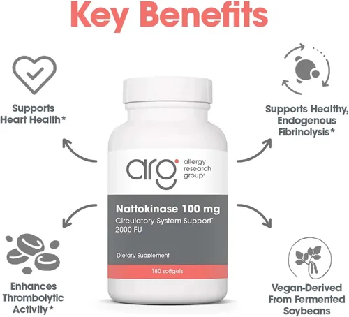 Vista 4 de Allergy Research Group - Suplemento Nattoquinasa NSK-SD 2000 FU, 100mg - Salud Cardiovascular/Circulatoria - 60 cápsulas blandas Nattokinase