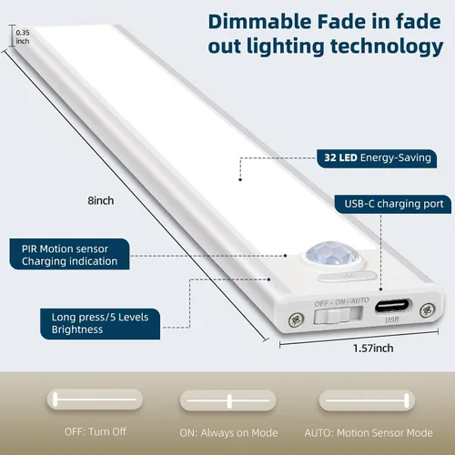 Vista 8 de Paquete de 4 luces para debajo del gabinete, luz recargable con sensor de movimiento para interiores, luces magnéticas inalámbricas regulables, 32