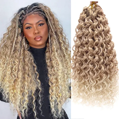 Vista 34 de GoGo Curl Crochet Hair 18 pulgadas onda de agua pelo sintético bohemio ganchillo trenzado jengibre onda profunda extensiones de cabello trenzado