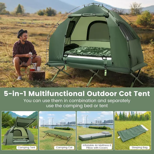 Vista 2 de Goplus Catre de Tienda de Campaña, Cama Plegable 5 en 1 con Colchón de Aire, Almohada, Saco de Dormir, Refugio de Tienda Elevado Impermeable, Catre