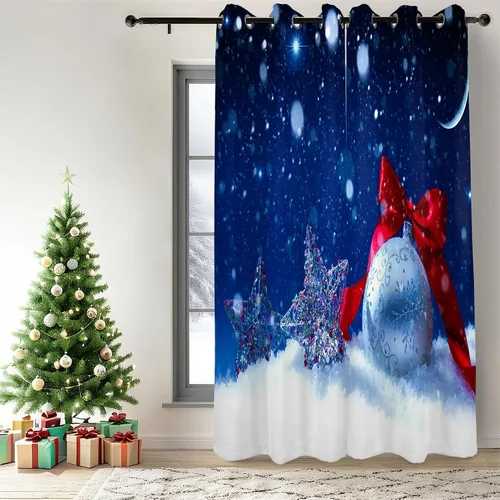 Vista 23 de Renaiss Cortinas opacas de Navidad con tablones de madera rústica para dormitorio, con ojales, estampado de copos de nieve navideños, cortinas