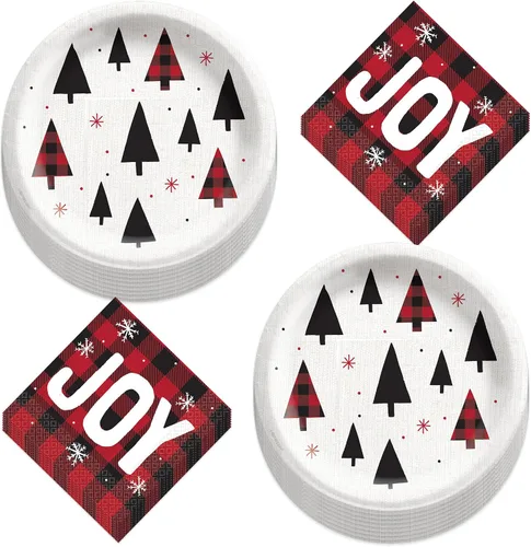Vista 19 de HOME & HOOPLA Platos y servilletas de papel grandes para fiesta de Navidad, diseño calmado y brillante en verde y dorado moderno (para 16 personas)