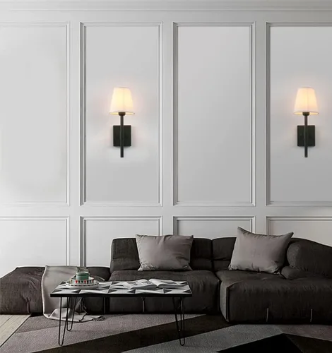 Vista 2 de Pathson Juego de 2 apliques de pared de baño cableados con pantalla de tela blanca, iluminación de pared de tela para sala de estar, dormitorio