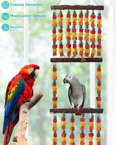Vista 3 de DBNESS Juguetes de loro de pájaro extra grandes de 43 pulgadas, bloques de madera multicolor para masticar, juguete con bolas de ratán y perchas