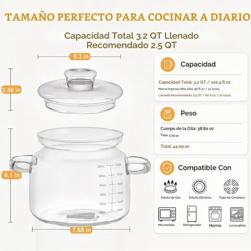 Vista 2 de Olla de vidrio de 3.2 cuartos de galón con tapa y marcas de medición
