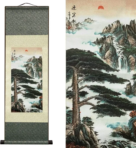 Vista 26 de AtfArt Decoración asiática de pared, hermosa pintura de pergamino de seda del paisaje del río de la cascada - Montaña, primavera, otoño