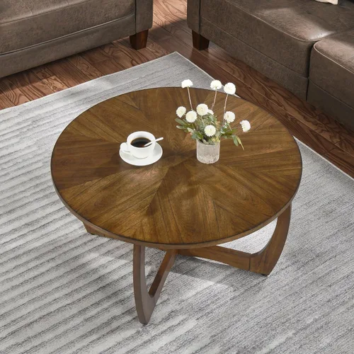 Vista 6 de Mesa de centro de madera redonda de 33.5 "D con patas curvas, tapa de grano