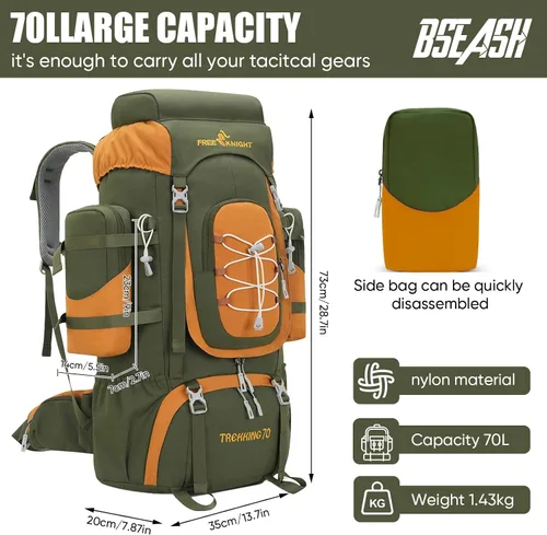 Vista 2 de Bseash 70L (65+5) Mochila impermeable para senderismo camping con cubierta para lluvia, mochila de viaje deportiva al aire libre para escalada