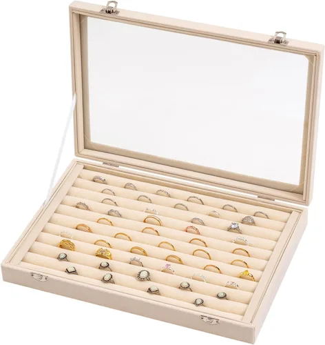 Vista 23 de Frebeauty Bandeja de joyería de 24 rejillas con tapa transparente Beige