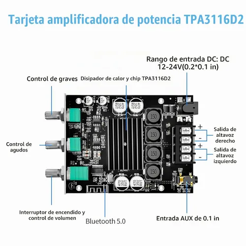 Vista 4 de ZK-1002T Placa de amplificador Bluetooth de 100 W+100 W con control de agudos y graves, placa de amplificador de audio estéreo mini de 2.0 canales