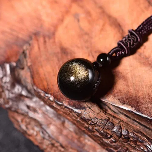 Vista 6 de Sinymilk Collar con dije de ónix de obsidiana de oro natural, cuentas de ojos de arco iris, Obsidiana dorada, Obsidiana
