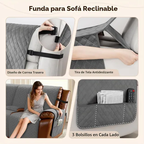 Vista 4 de Arfntevss - Fundas impermeables para sofá seccional reclinable, juego de fundas antideslizantes lavables en forma de L para sofá reclinable, Gris